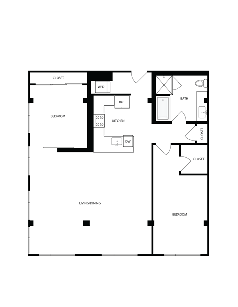 Floor plan for 2 beds, 1 bath, 1387 sqft